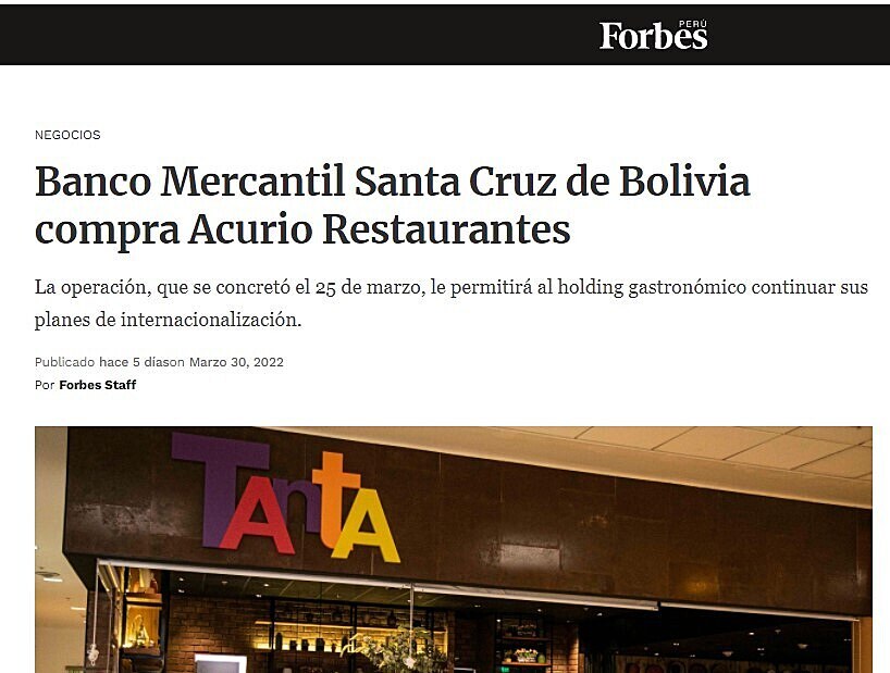 Banco Mercantil Santa Cruz de Bolivia compra Acurio Restaurantes